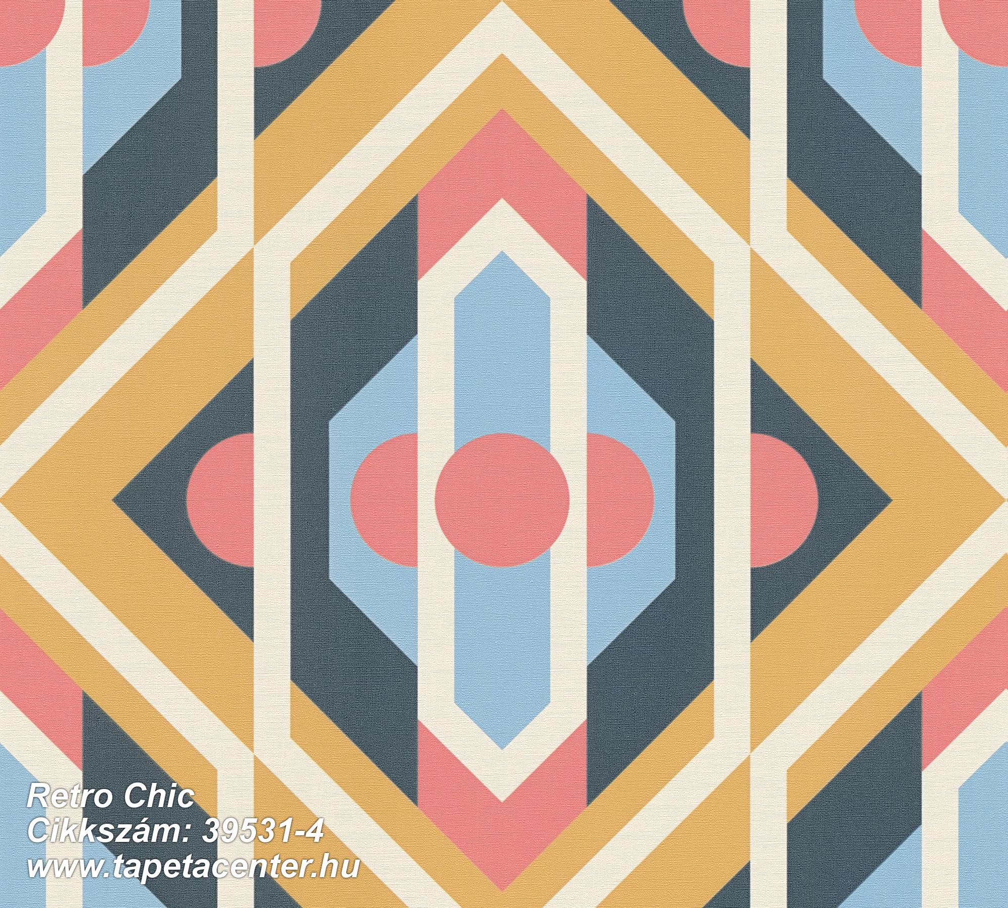 Geometriai mintás,retro,textil hatású,bézs-drapp,kék,narancs-terrakotta,piros-bordó,súrolható,vlies tapéta 